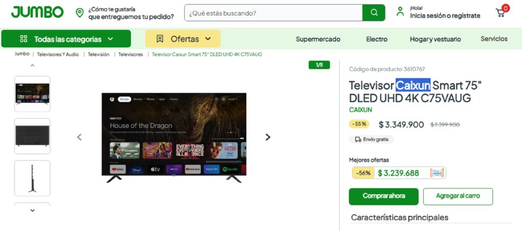 Captura de pantalla de la página de Jumbo