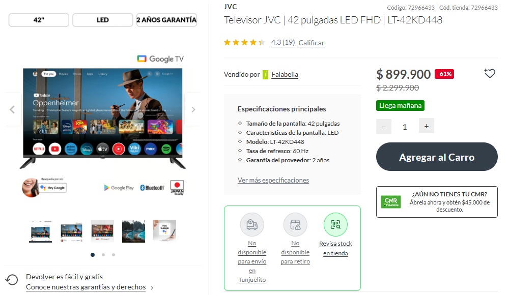 Captura de pantalla de página de Falabella