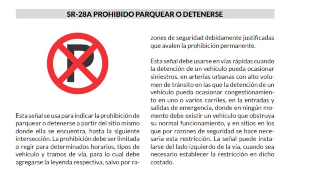 Cómo aplica la señal SR-28 prohibido parquear / manual de señalización