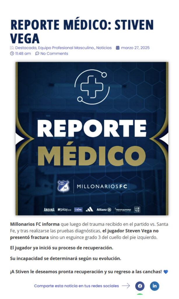 Reporte médico de Stiven Vega, jugador de Millonarios/Foto: Millonarios FC.