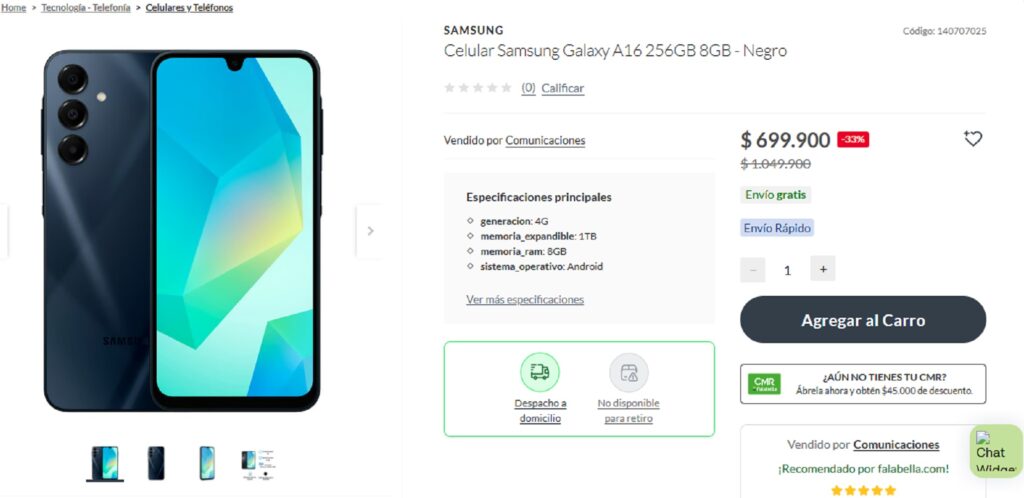 Captura de pantalla de la página de Falabella