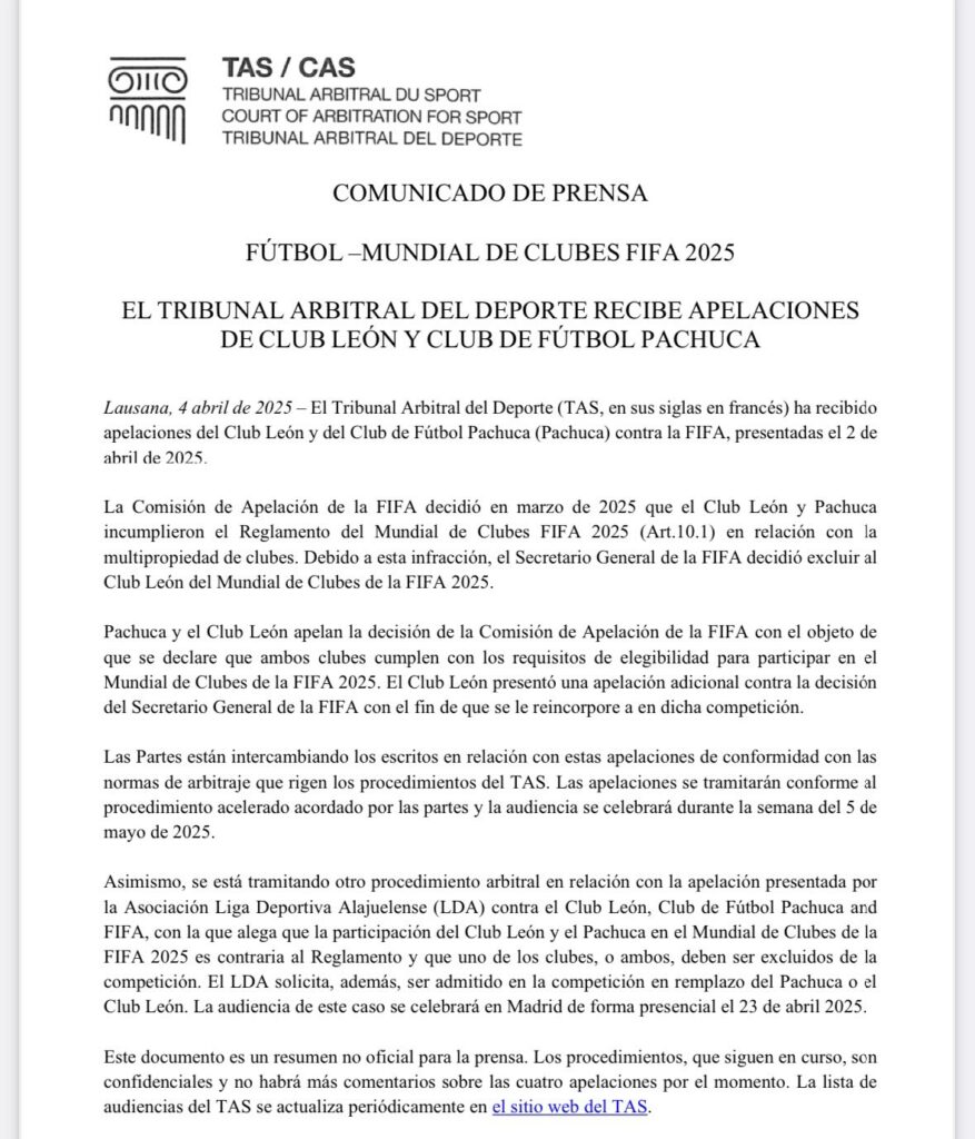 Comunicado del TAS sobre León en Mundial de Clubes/Foto: TAS.