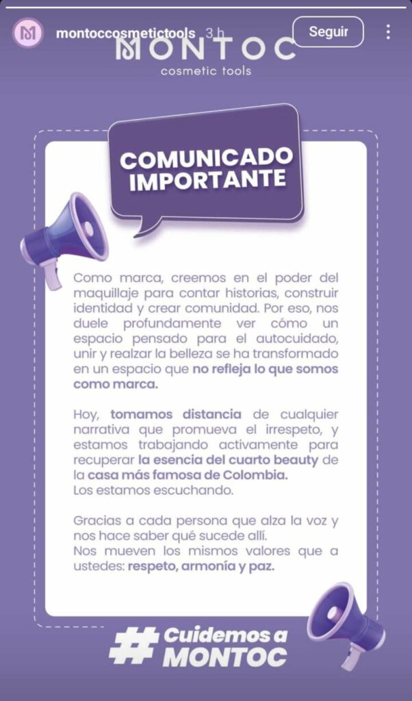 Comunicado de Montoc por 'La casa de los famosos'./ Instagram @montoccosmetictools