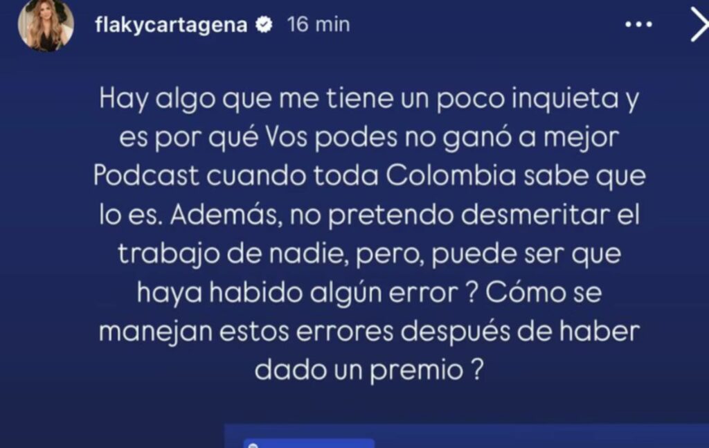Mensaje de Mábel Cartagena a premios India Catalina / Instagarm @flakycartagena