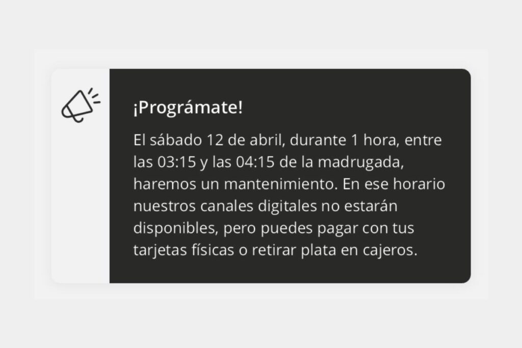 Aviso en la aplicación de Bancolombia por el mantenimiento / captura de pantalla