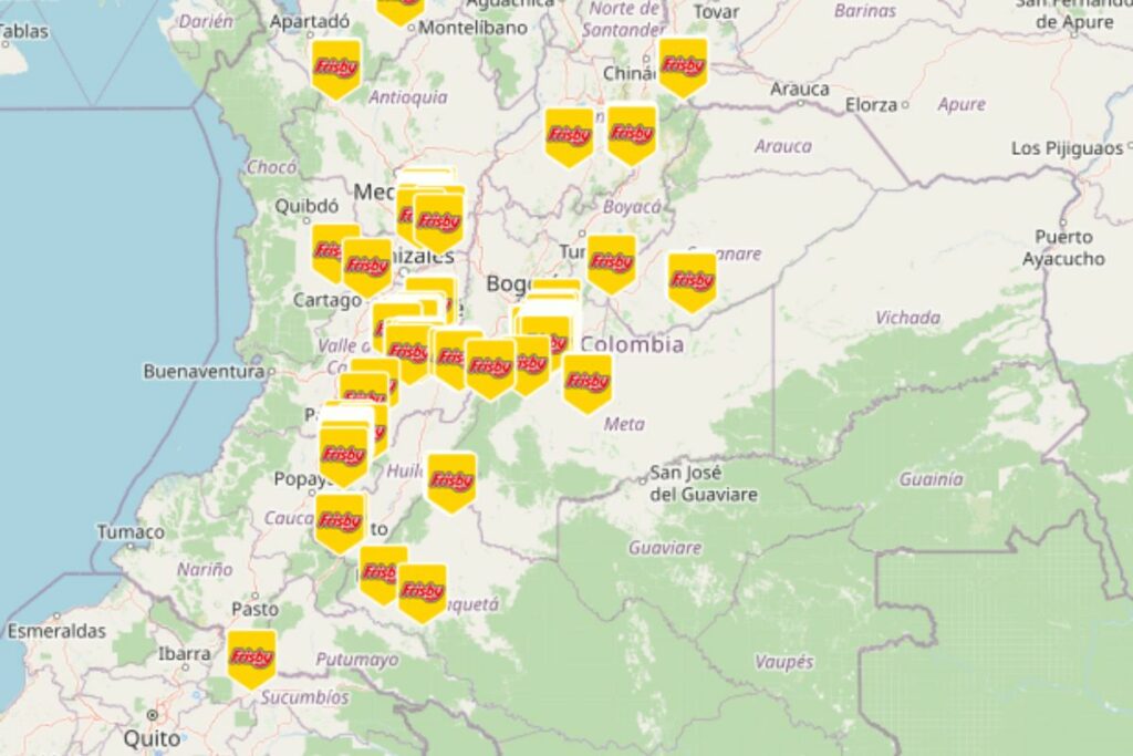 Captura de pantalla de restaurantes de Frisby en Colombia / Página web Frisby.com.co