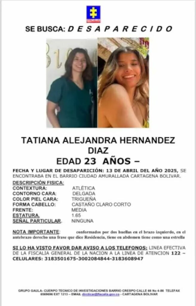 Volante de la Fiscalía para buscar a Tatiana Hernández en Cartagena / Fiscalía General de la Nación