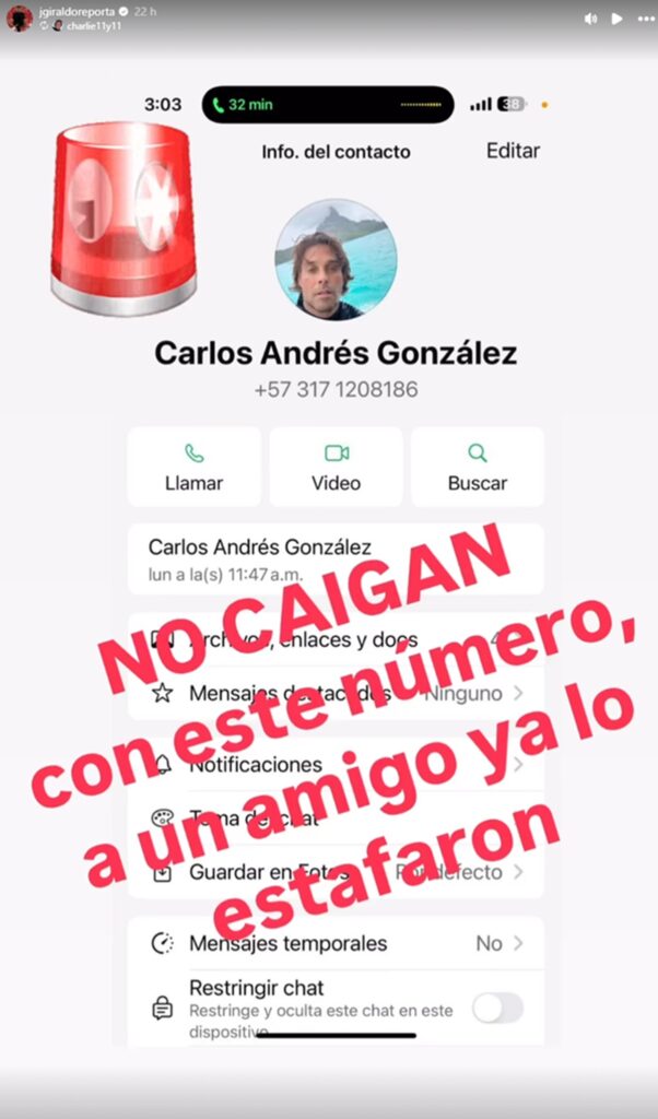 Número desde el que estafaron a Juan Carlos Giraldo / Instagram: Jgiraldoreporta