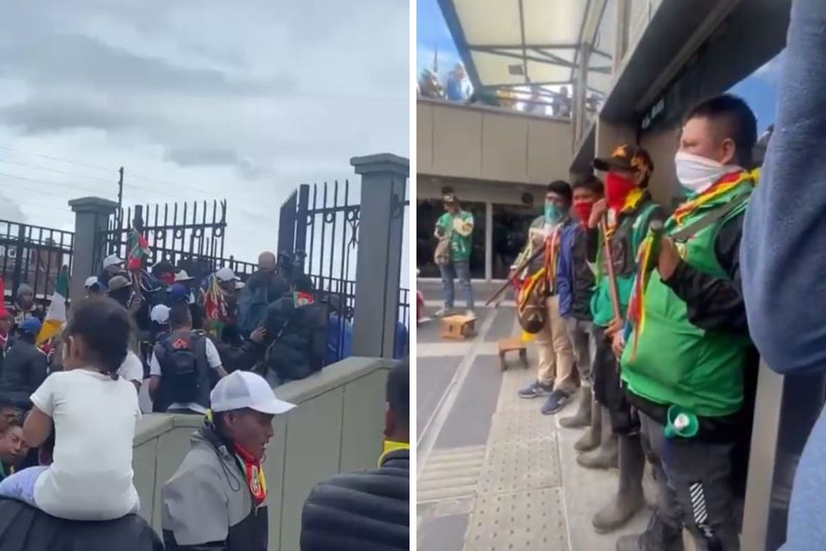 Imágenes de la minga indígena bloqueando la salida del edificio del DNP, en Bogotá