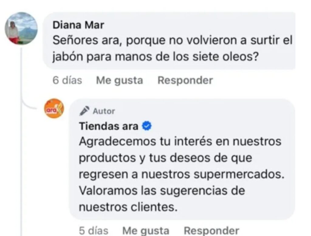 Respuestas de tiendas Ara / Captura de pantalla del Facebook de tiendas Ara