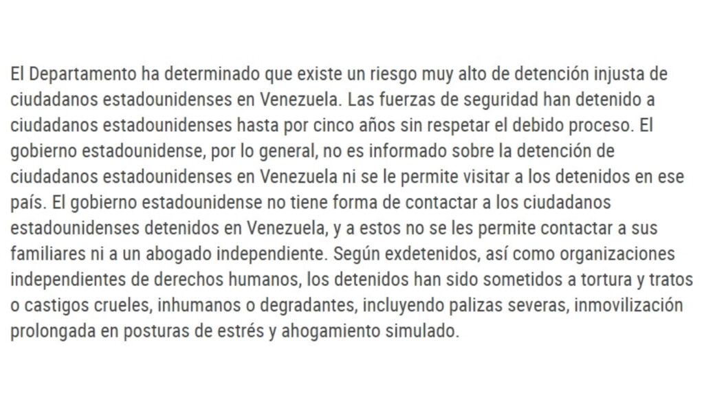Advertencia a estadounidenses para viajar a Venezuela - Departamento de Estado