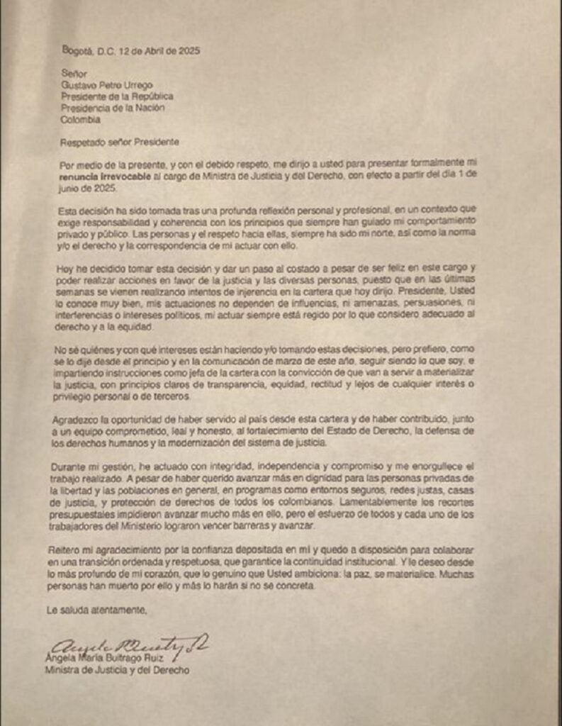 Con esta carta renunció la ministra de Justicia. Foto: archivo particular.