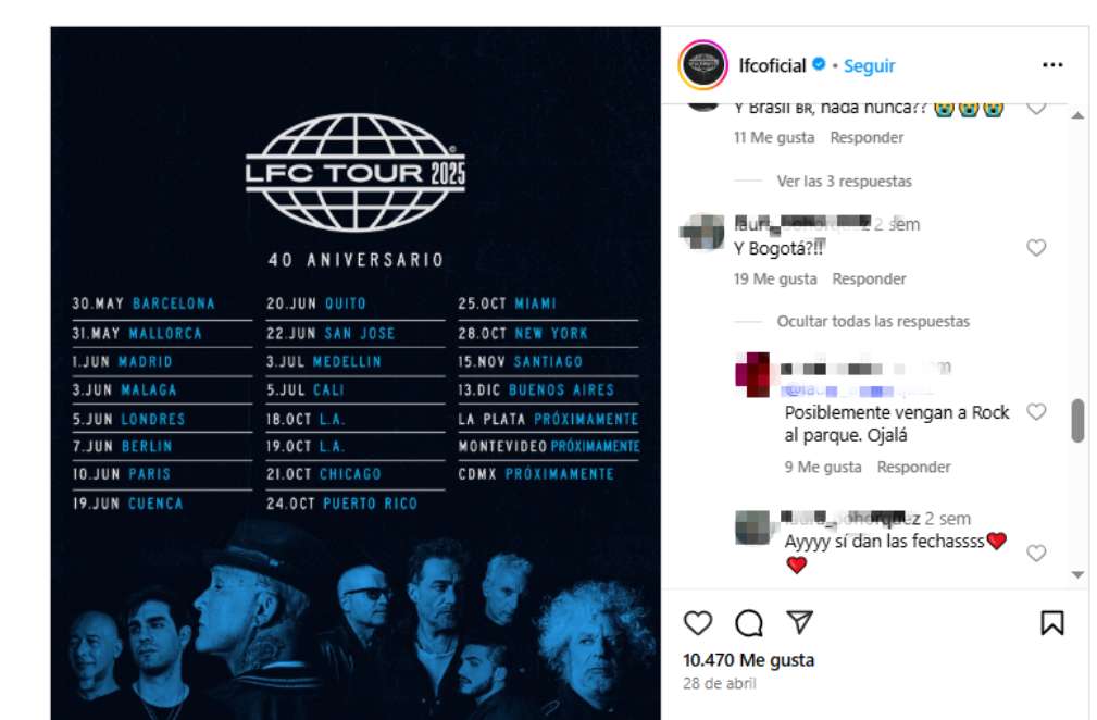 Especulaciones sobre Fabulosos Cadillacs en Rock al parque / Instagram @lfcoficial