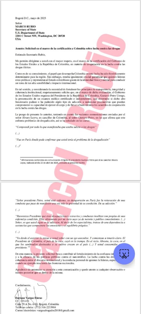 Carta de Enrique Vargas Lleras. Foto: Caracol Radio.
