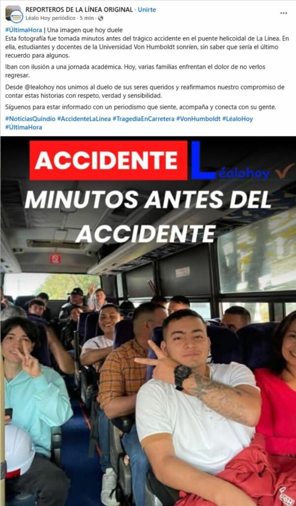 Estudiantes que estaban en el bus accidentado en La Línea, en Calarcá (Quindío) / Cuenta de Facebook Léalo Hoy