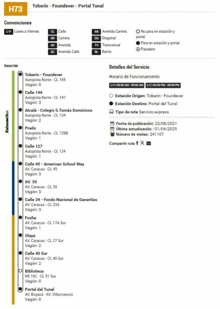 Ruta H73 de Transmilenio, que no irá más / Transmilenio, página web