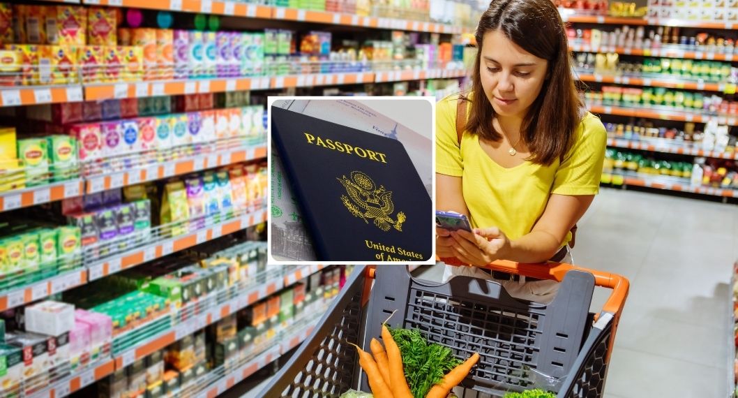 Fotos de supermercado y pasaporte, en nota de qué tanto se usa visa o pasaporte para compra en supermercados en Estados Unidos