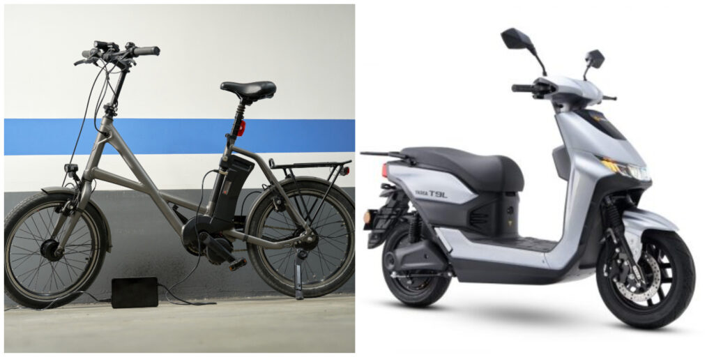 Diferencias entre bicicletas (izq.) y motos eléctricas (der.). Foto: Getty y Amazon.