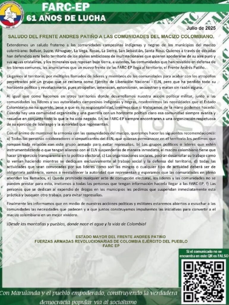 Este es el comunicado con el que las disidencias de Iván Mordisco anuncian el frente Andrés Patiño / Captura de pantalla Infobae 