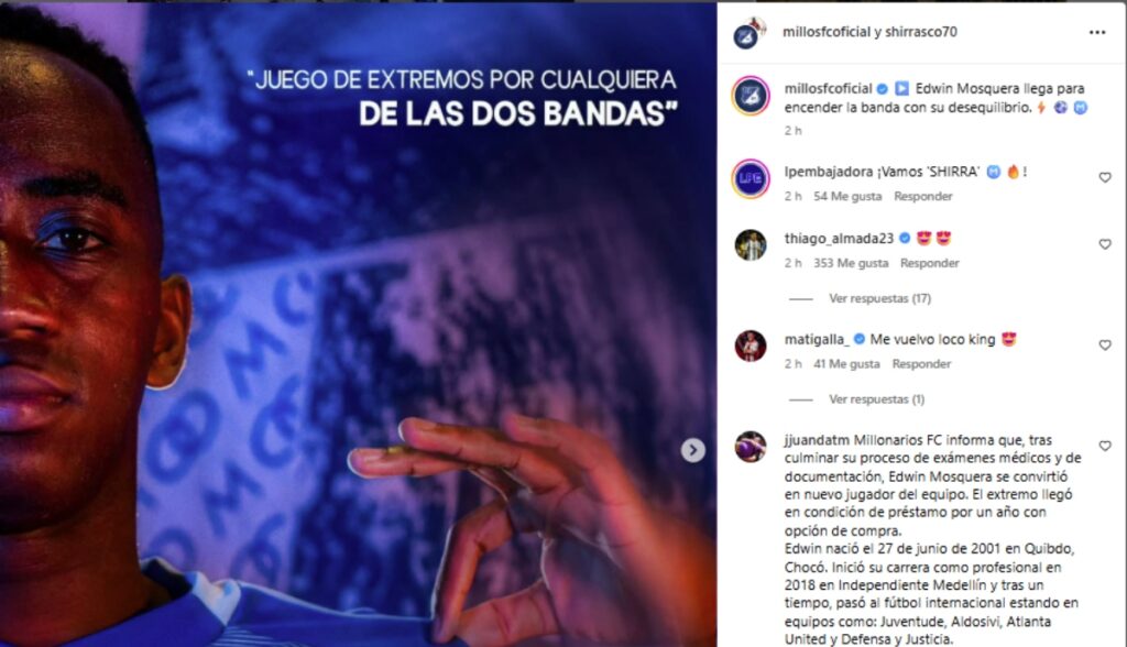 Edwin Mosquera, nuevo jugador de Millonarios / Instagram @millosfcoficial