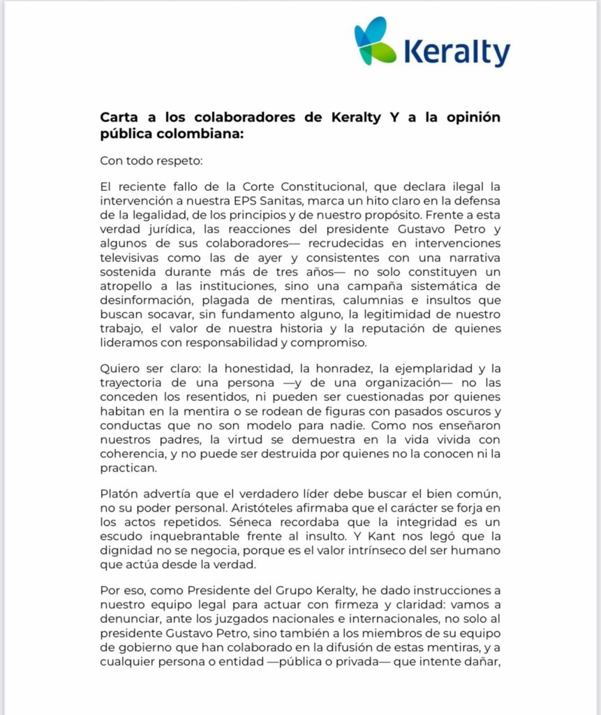 Carta del presidente de Keralty a Petro