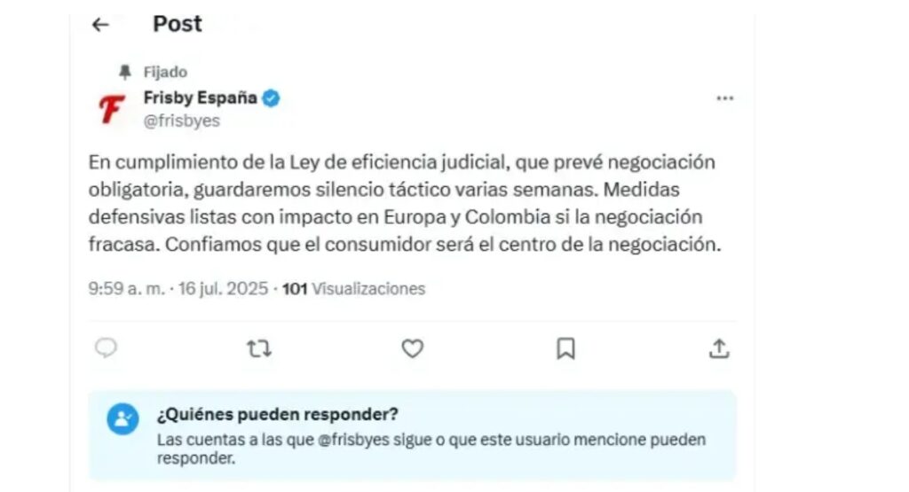 Captura de pantalla de comunicado de Frisby España / X: @frisbyes
