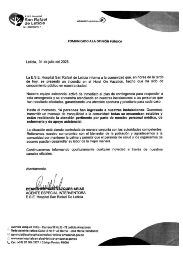 Comunicado del hospital de San Rafael, en Leticia.