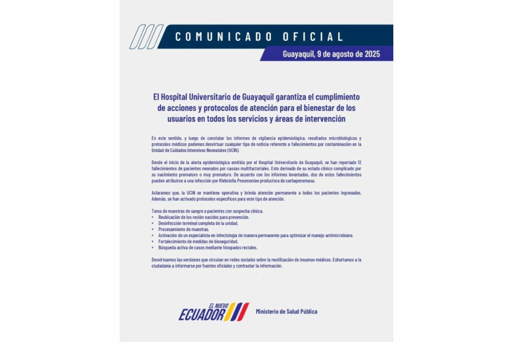 Comunicado del Hospital universitario de Guayaquil sobre la muerte de 12 bebés / X: @HUniversitarioG