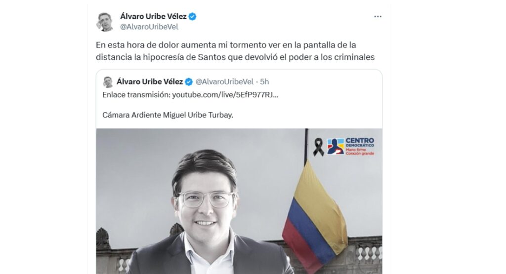 Mensaje de Álvaro Uribe contra Juan Manuel Santos / Captura de pantalla de X: @AlvaroUribeVel