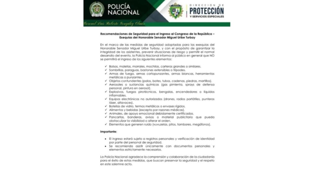 Elementos no permitidos en homenaje a Miguel Uribe / Policía Nacional