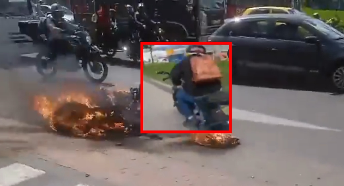 Ladrón en moto se robó un celular en Bogotá, se estrelló y le quemaron vehículo