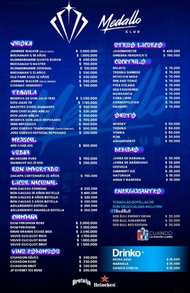 Carta de Medallo Club, discoteca de Blessd