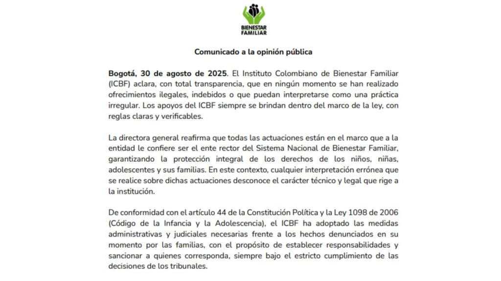 Comunicado ICBF / Cortesía