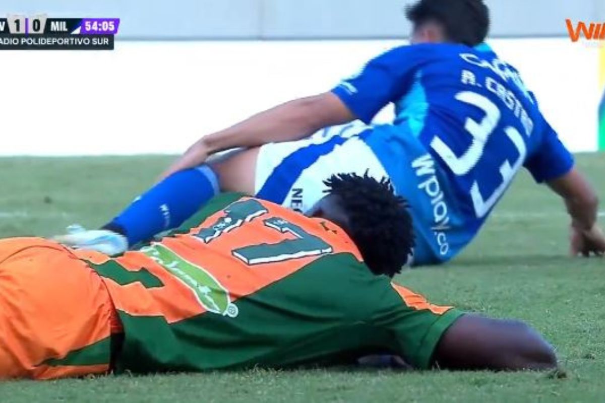 Momento en el que jugadores de Envigado y Millonarios se lanzan al piso por un ataque de abejas