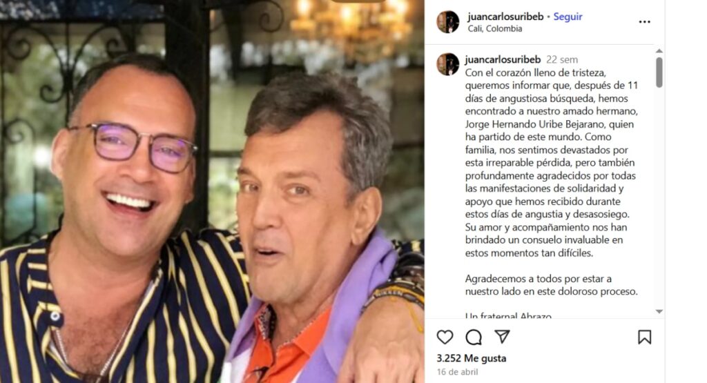 Mensaje de Juan Carlos Uribe tras muerte de su hermano