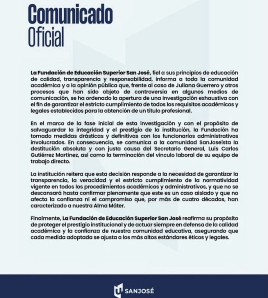 Despidos en la Universidad San José por diploma de Juliana Guerrero.