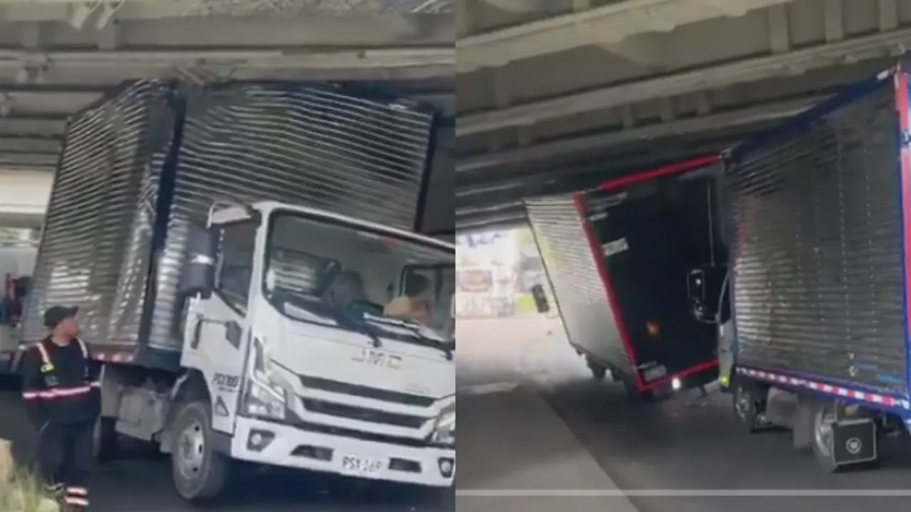 Así quedó el camión que quedó atrapado debajo de un puente de la Autopista Norte de Bogotá