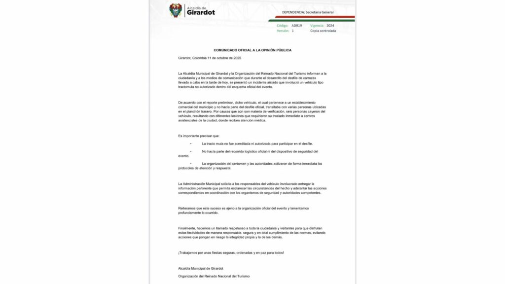 Comunicado de prensa / Alcaldía de Girardot