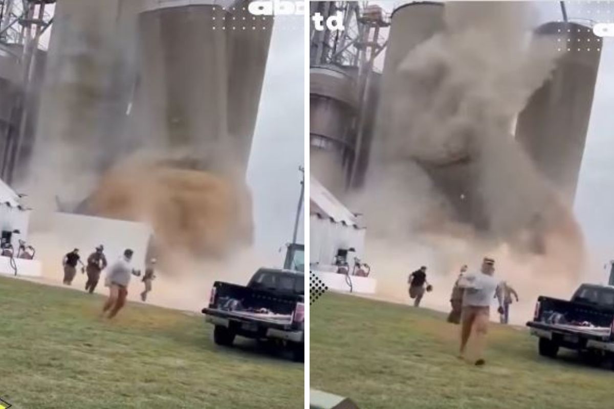 Momento del derrumbe de un silo de granos en Illinois, Estados Unidos