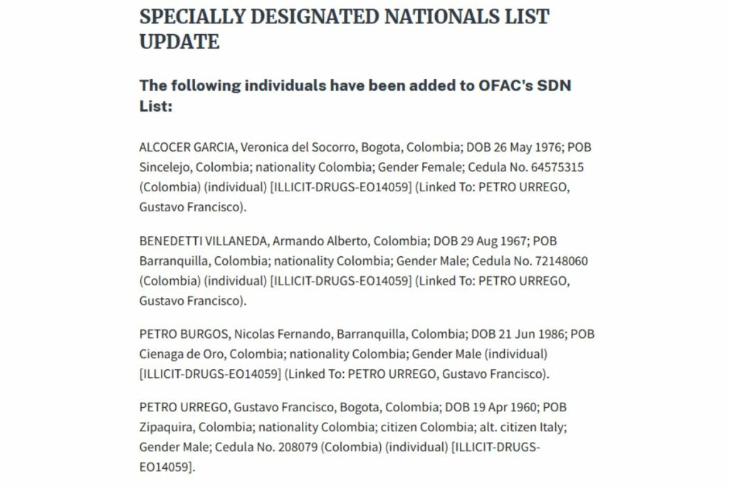 Documento de la lista Clinton / Captura de pantalla tesoro de Estados Unidos