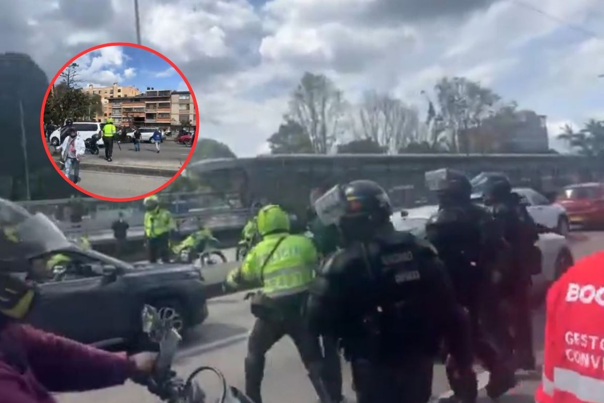 Momento en el que la Policía captura a unos motociclistas que atacaron a un funcionario, en medio de los bloqueos en Bogotá