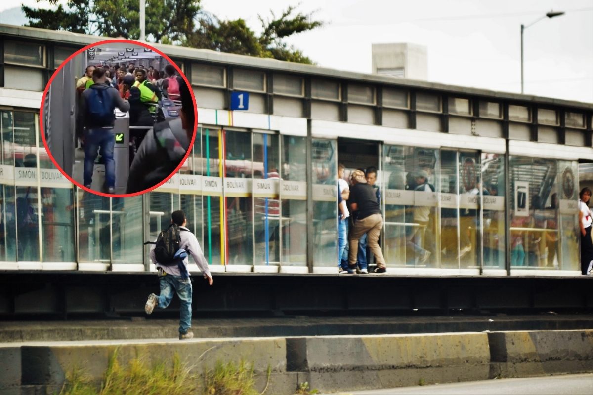 Pelea de unos vigilantes con un supuesto colado dentro de una estación de Transmilenio