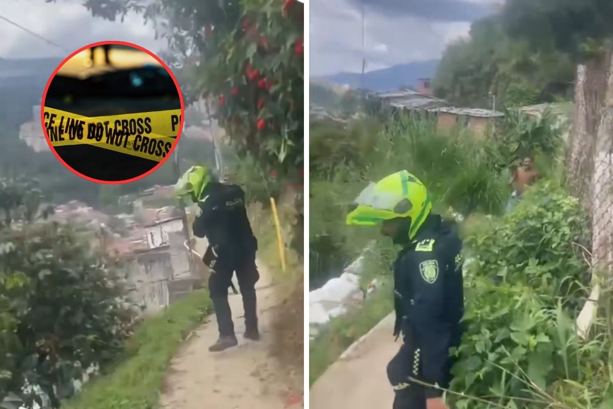 Imagen de un policía que huye de un hombre armado que lo persigue, en Medellín