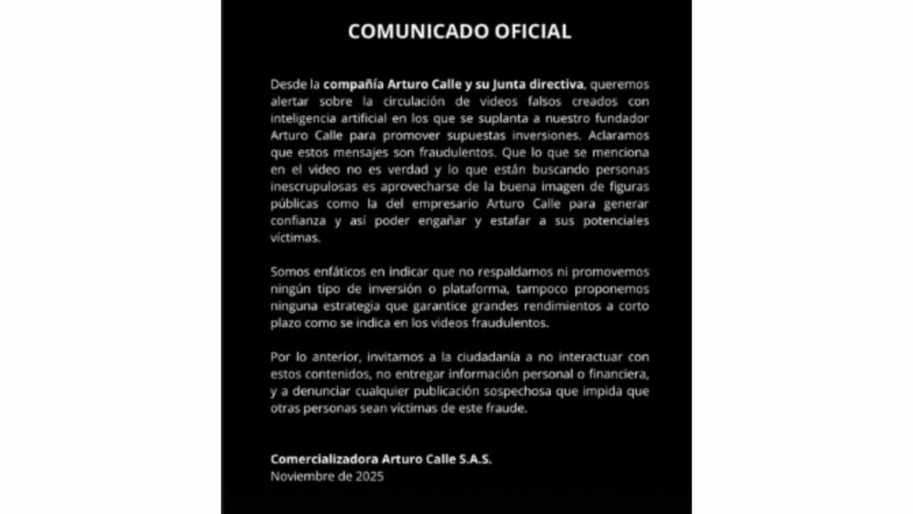 Comunicado Arturo Calle / IG: @arturocalleoficial