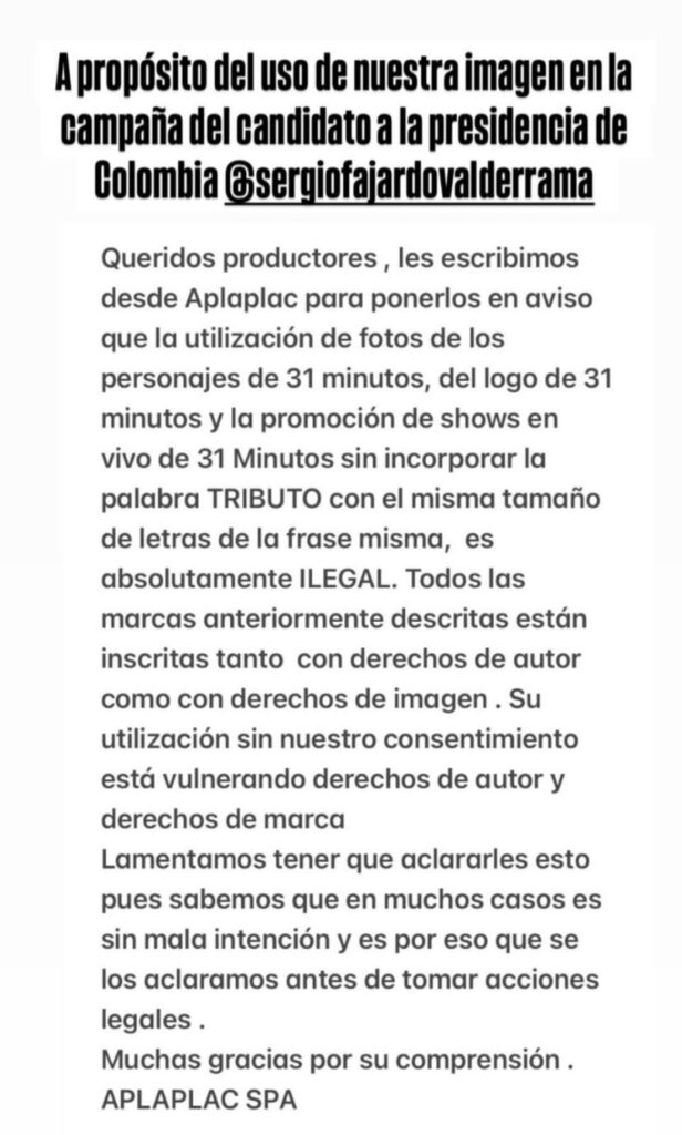 Comunicado de '31 minutos' en el que rechaza el uso sin permiso que hizo Sergio Fajardo con sus títeres para hacer campaña / Instagram: @31minutos