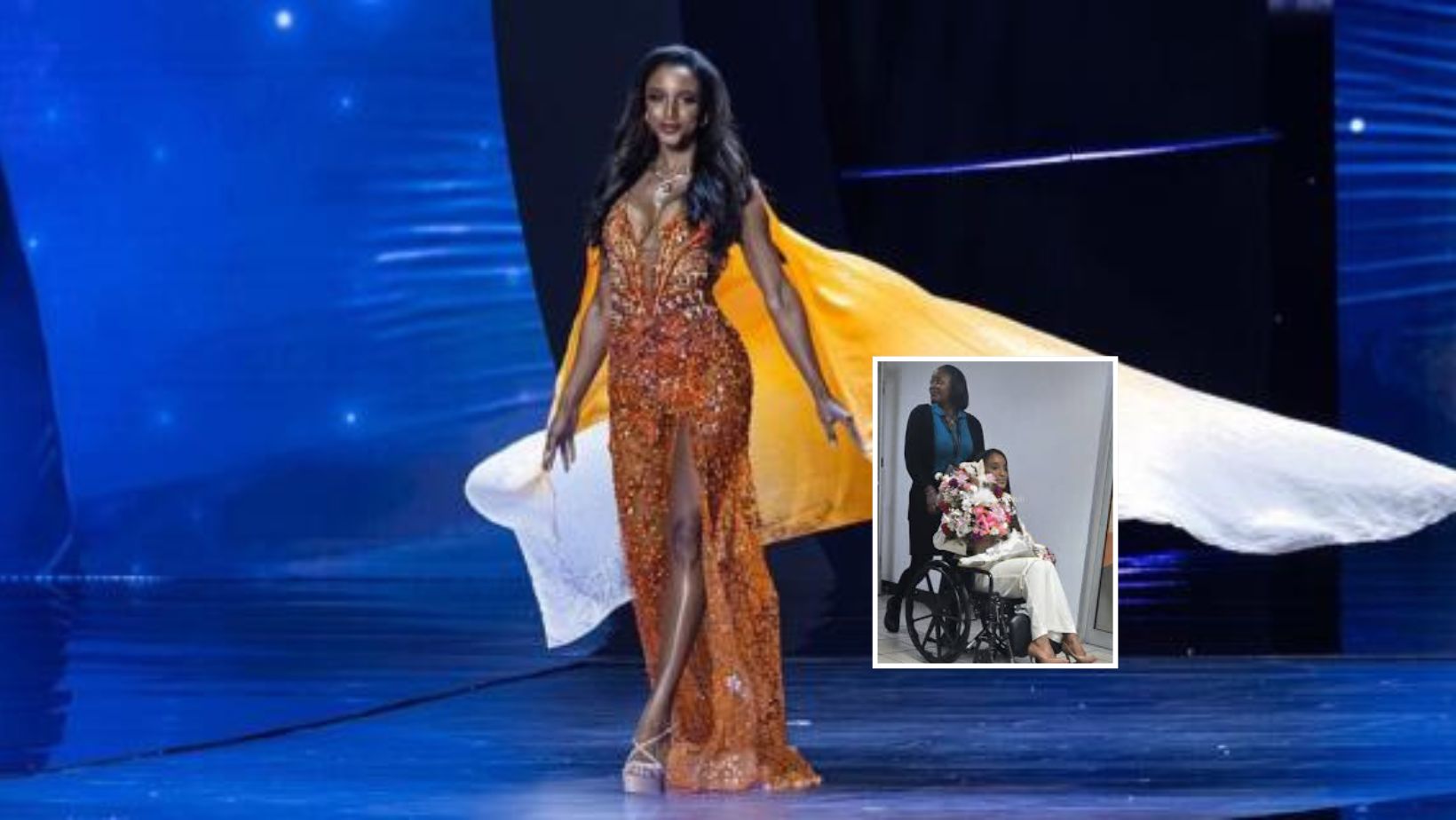 Miss Jamaica reaparece en silla de ruedas luego de grave caída en Miss Universo