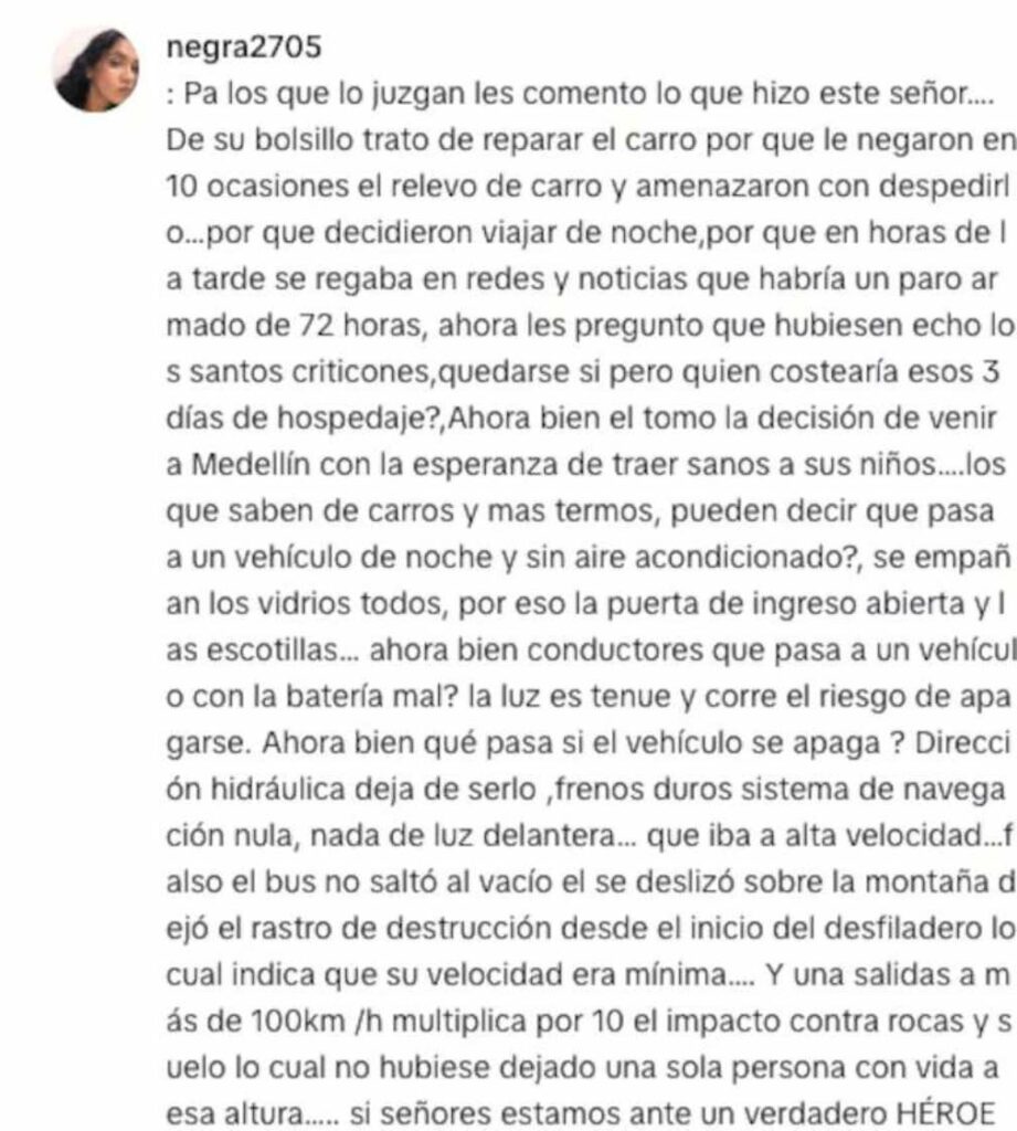 Mensaje sobre conductor del bus escolar en accidente en Antioquia / TikTok de Negra2705