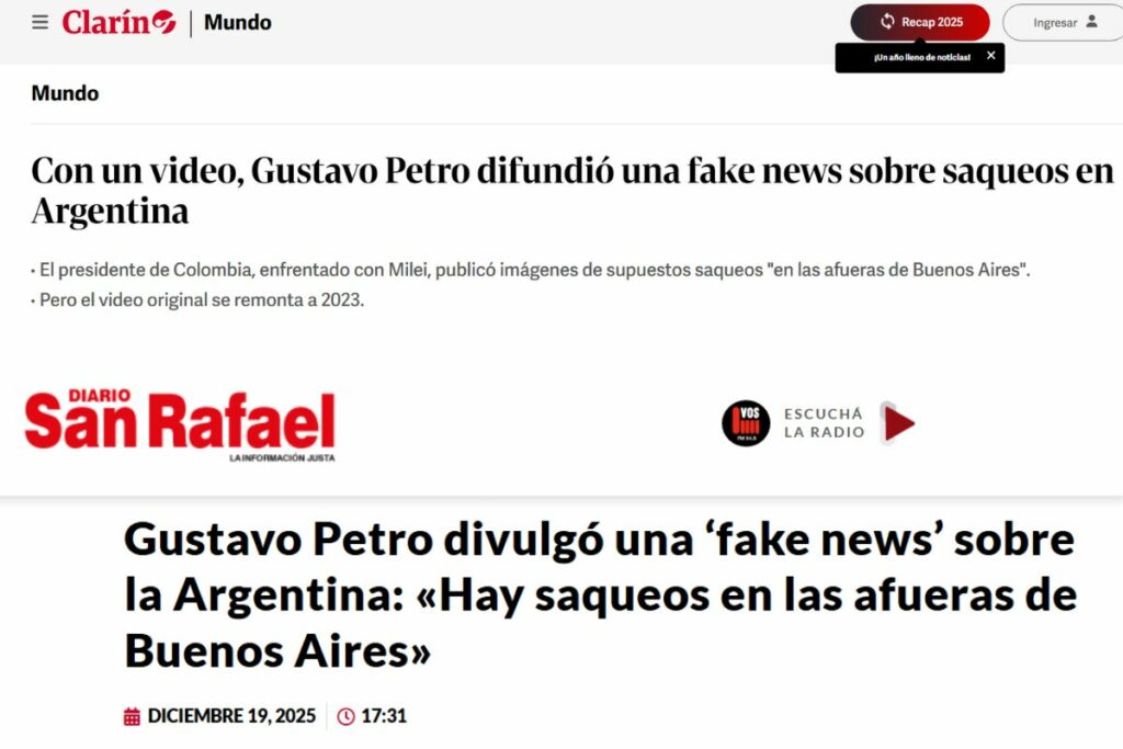 Críticas a Petro en Argentina por 'fake news'/ Captura de pantalla (Clarín y San Rafael)