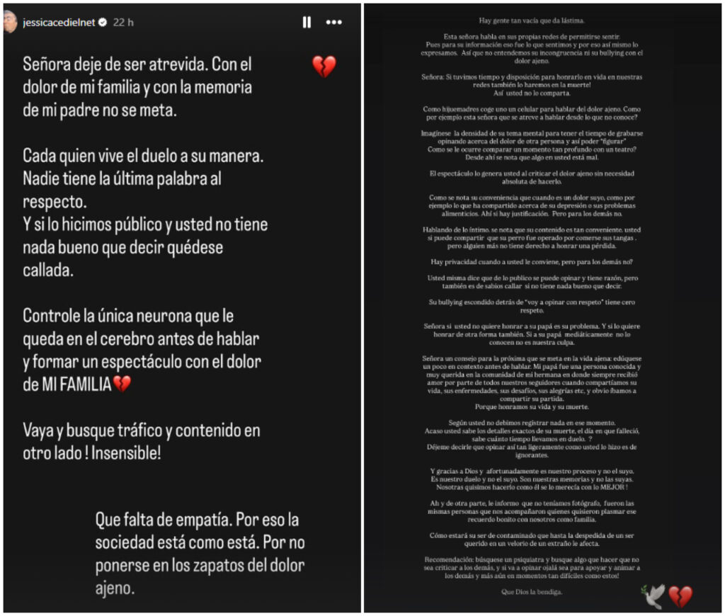 Mensajes de Jessica Cediel y su hermana a Tuti Vargas por la muerte de su padre.