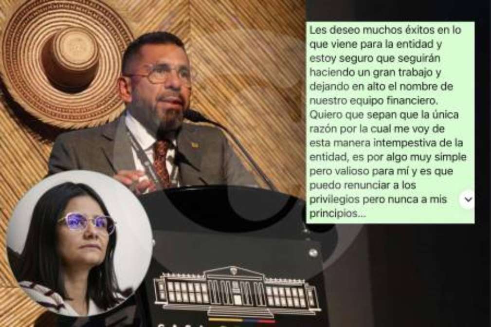Jefe financiero saliente de Presidencia, Sergio Beltrán y parte del chat donde se despidió tras su renuncia. Abajo, Angie Rodríguez directora del DAPRE. Foto: Presidencia y cortesía.